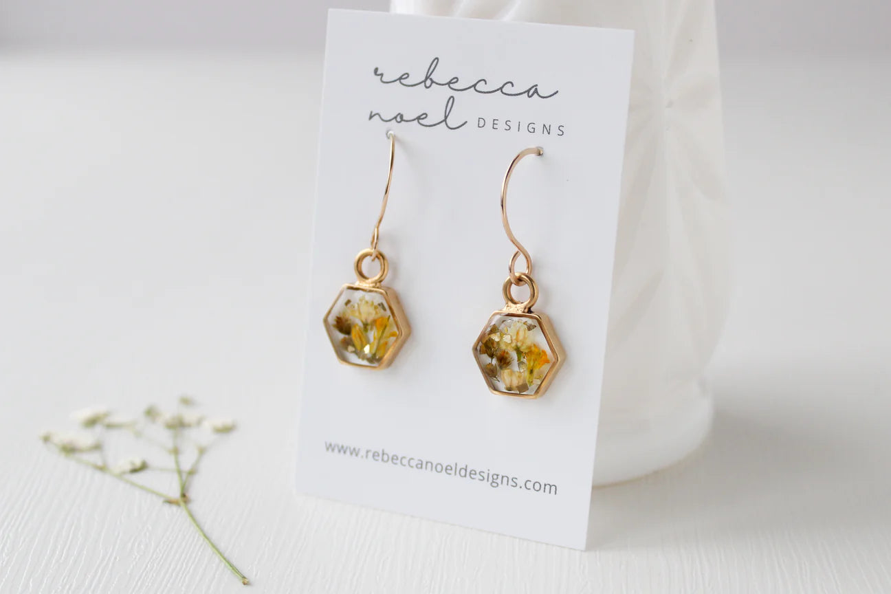Yellow Wildflowers Gold Hexagon Earrings