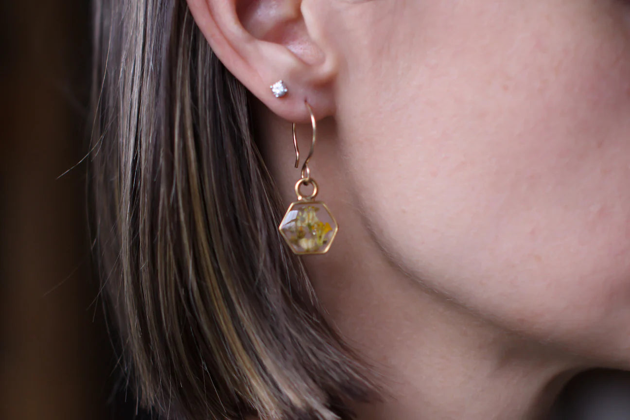 Yellow Wildflowers Gold Hexagon Earrings