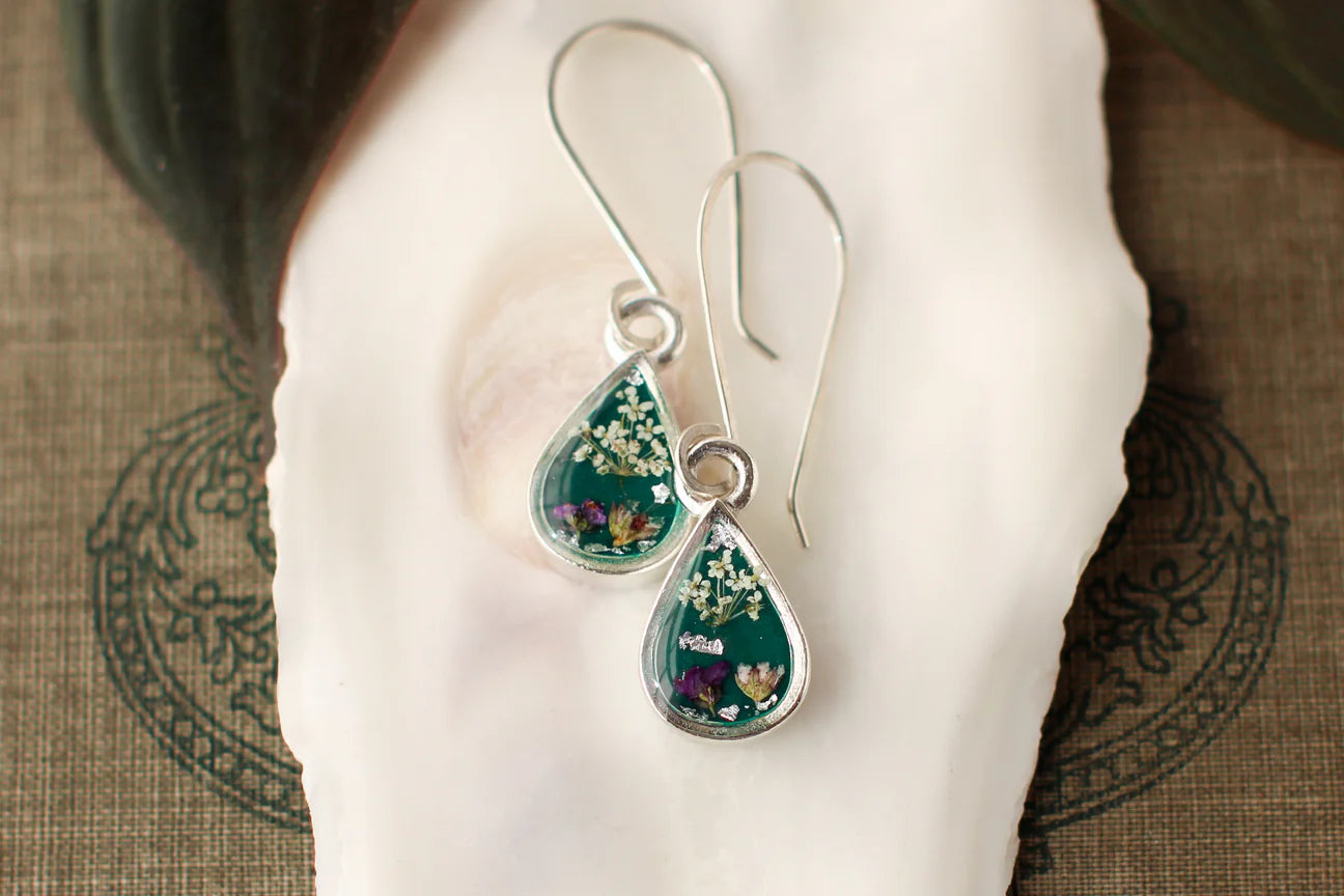 Dark Green Teardrop w/ Flowers Earrings in Silver