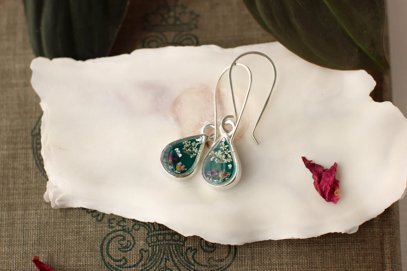 Dark Green Teardrop w/ Flowers Earrings in Silver