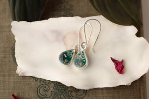 Dark Green Teardrop w/ Flowers Earrings in Silver