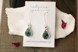 Dark Green Teardrop w/ Flowers Earrings in Silver