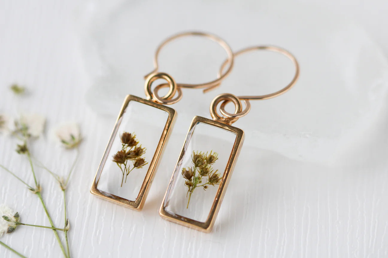Gold Mini Rectangle Earrings w/ Solidago Flowers