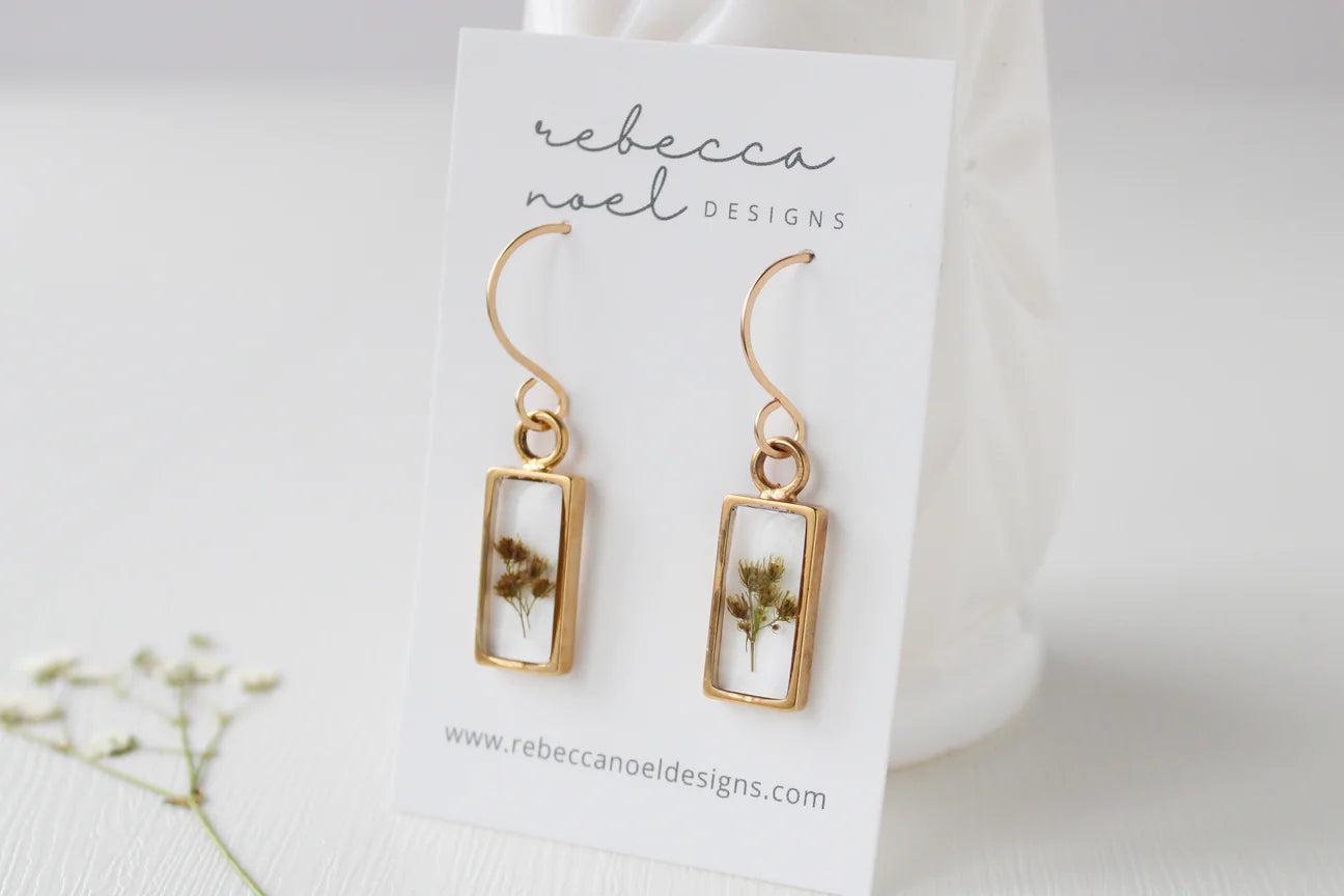Gold Mini Rectangle Earrings w/ Solidago Flowers