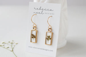 Gold Mini Rectangle Earrings w/ Solidago Flowers