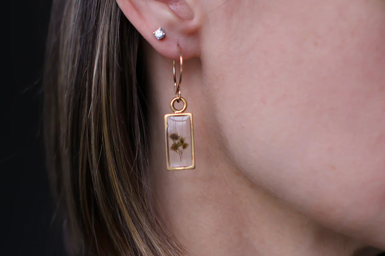 Gold Mini Rectangle Earrings w/ Solidago Flowers