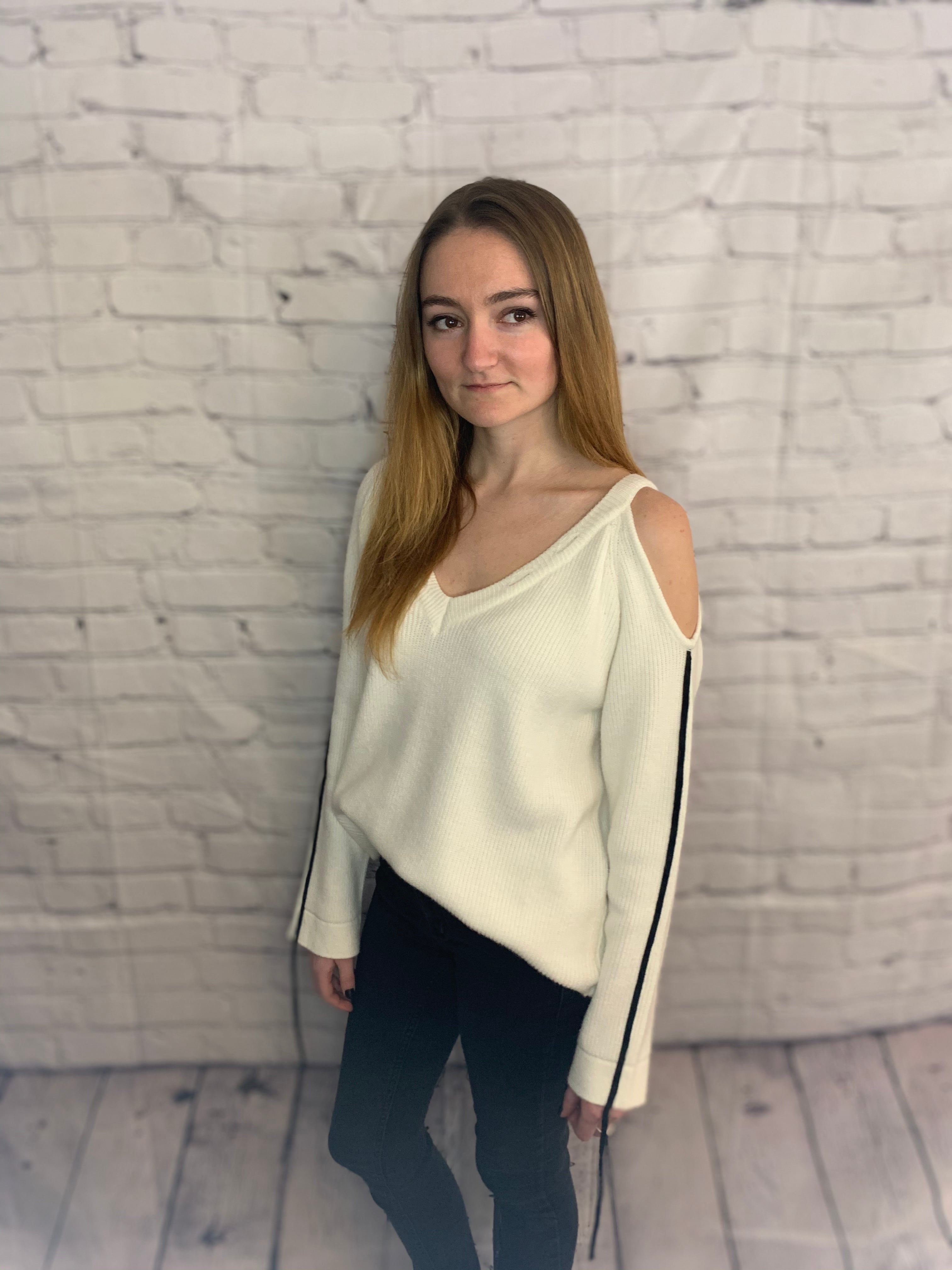 Cold Shoulder Cut Out V Neck Sweater Top